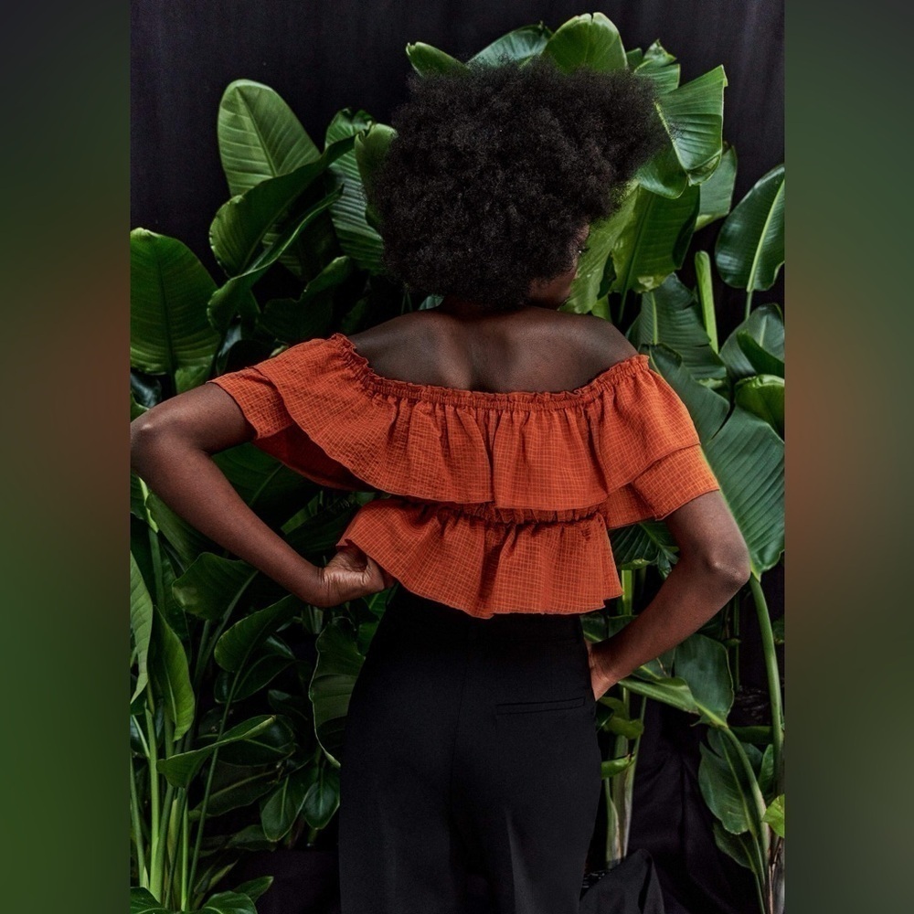 Zara Rust Orange Ruffled Off-Shoulder Crop Top - Picture 8 of 8